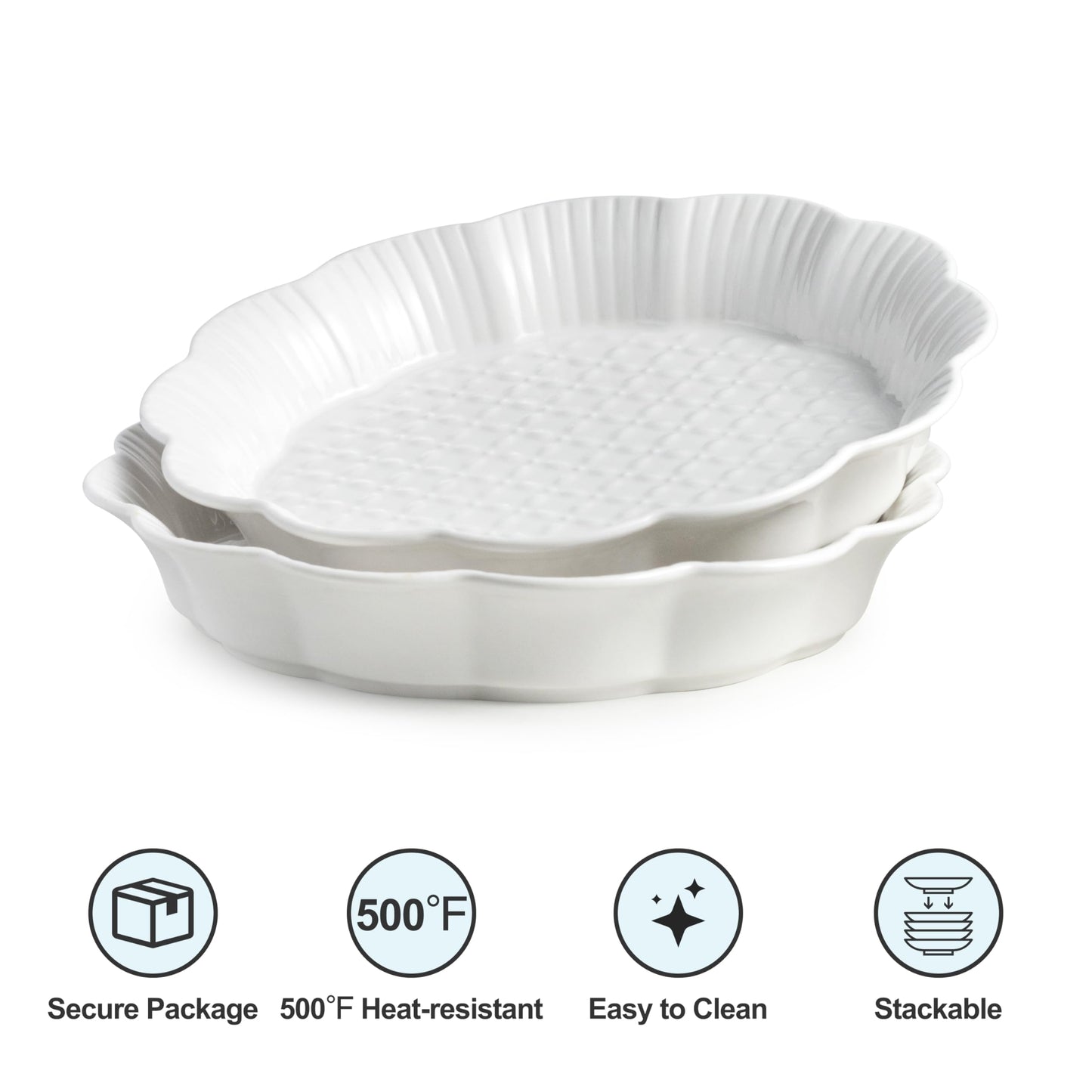Cormomu Pie Pan for Baking 9 Inch, Ceramic Pie Dish, Non-Stick Round Baking Dish, Porcelain Plates with Ruffled Edge| Microwave, Dishwasher, and Oven Safe (2PCS)