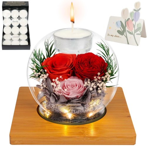 ENERLEAF Preserved Red Real Rose in Glass with Scented Candles–Forever Flower Romantic Anniversary Mothers Day Christmas Birthday Valentines Day Gifts for Her, Women, Wife, Girlfriend, Mom, Grandma