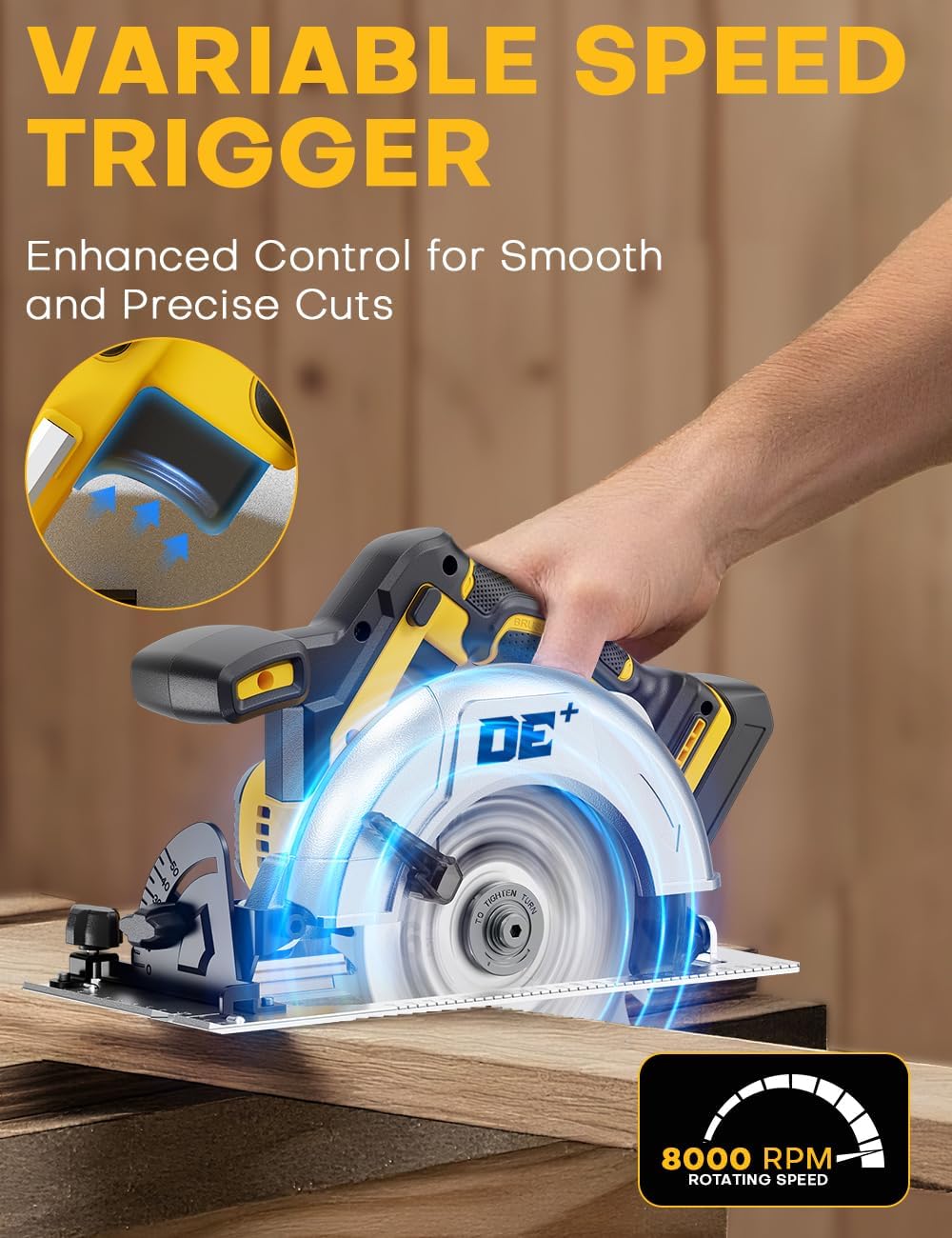 Brushless Cordless Circular Saw, for 20V Max Battery, 6-1/2 Inch Aluminum Alloy Blade, 8000 RPM, 6.2 Lbs Lightweight, Cutting Depth 2-1/5" (90°), 0-90° Bevel, Hex Wrench, Rip Guide for Wood PVC