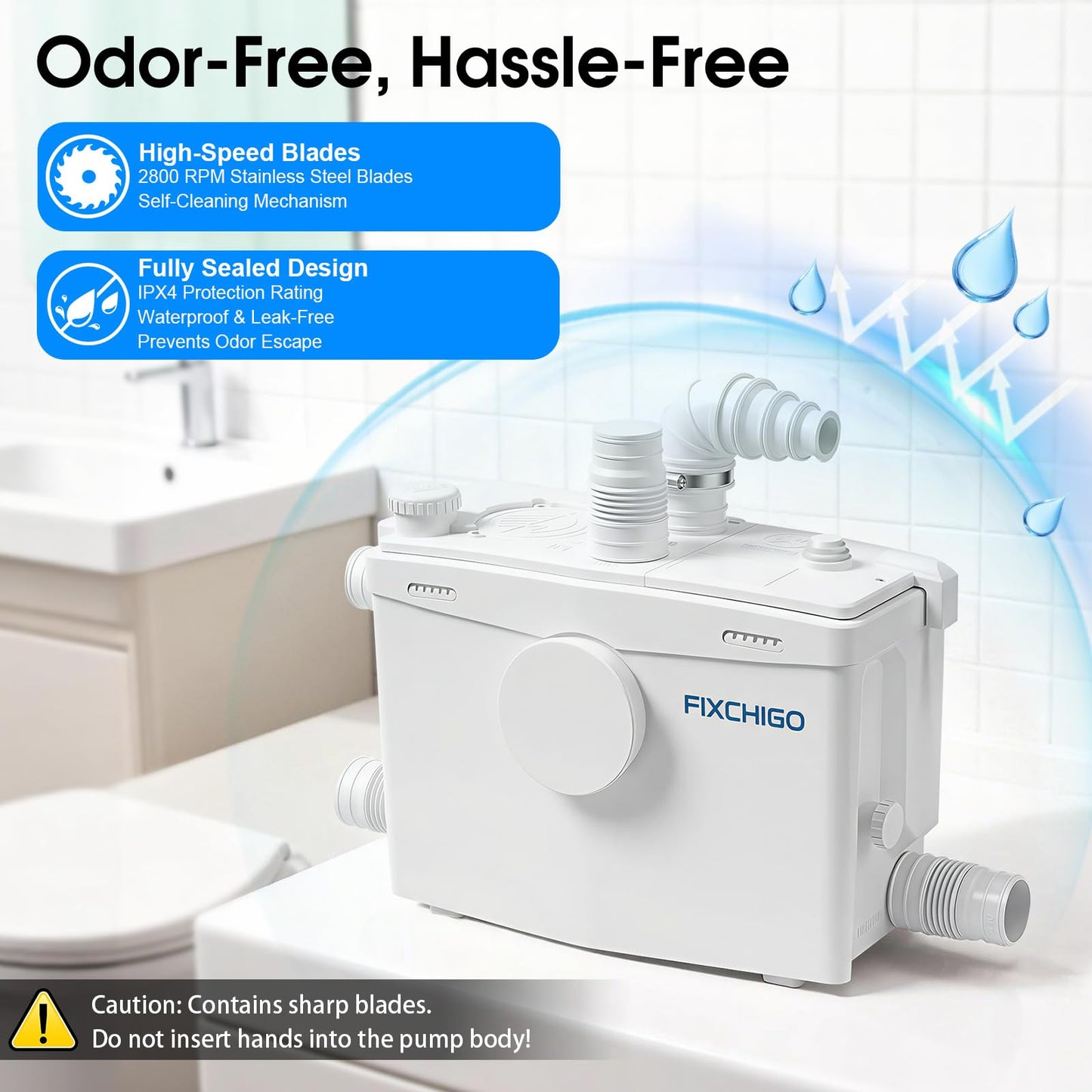 FIXCHIGO 1000W Macerator Pump, Macerating Toilet System with 4 Inlets/2 Outlets, 40 GPM Flow, 29.5 FT Head, PCB Smart Control Sewage Pump for Basement, Sink, Toilet, Laundry, Kitchen