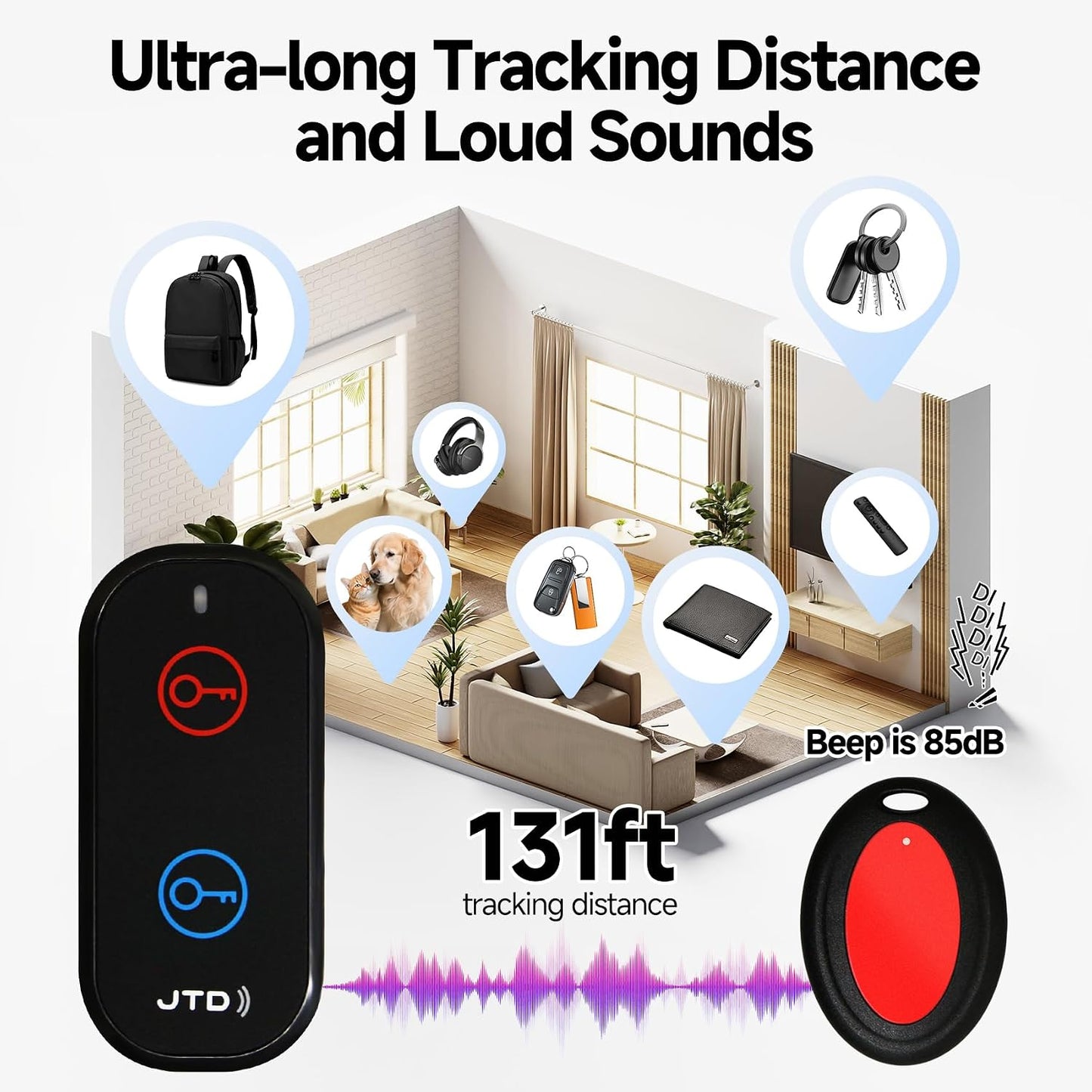 JTD 2 1 Keychain,85dB 131ft Key Finder Locator with Sound, Remote Finder - Receivers, Car Tracker Loud, Range Tracker