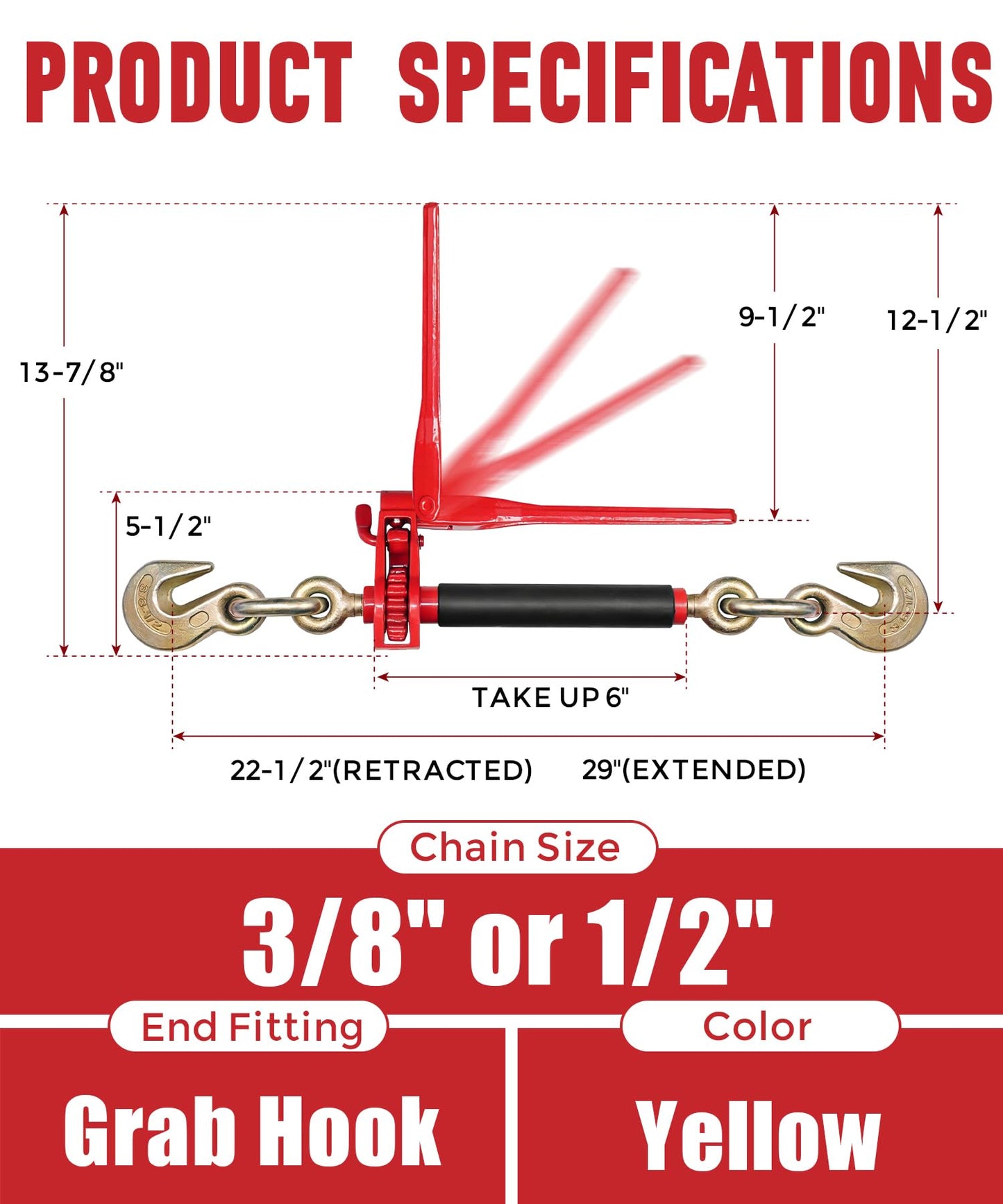 Krytonel 4 Pack 3/8" - 1/2" Heavy Duty Folding Handle Ratchet Chain Binder Load Binder with Grab Hooks 12,000 lbs WLL | Chain Binders for Flatbed Truck Trailer Tie Down