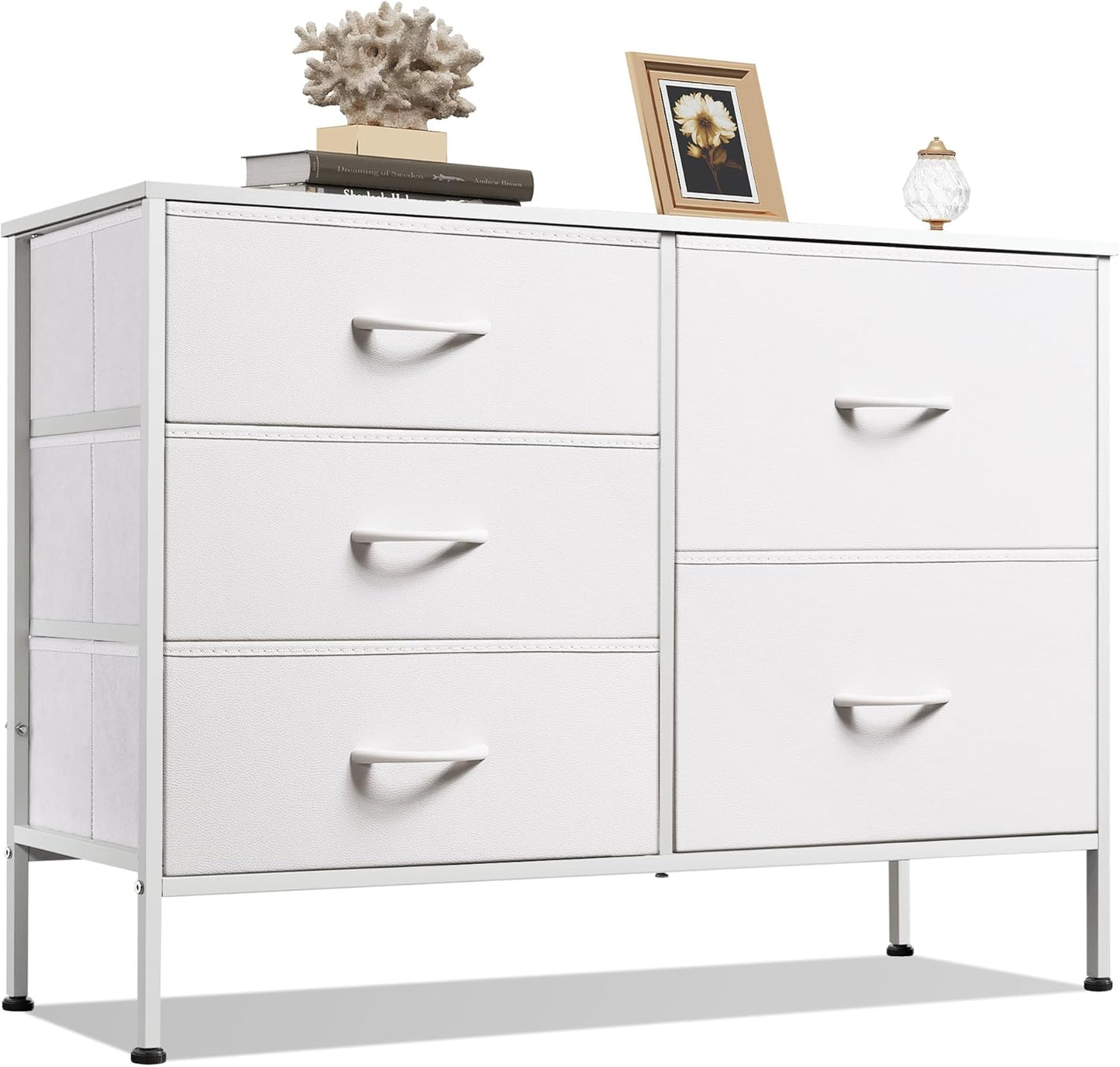WLIVE White Dresser - 5 Drawer Fabric Chest for Bedroom, Living Room, Closet & Hallway
