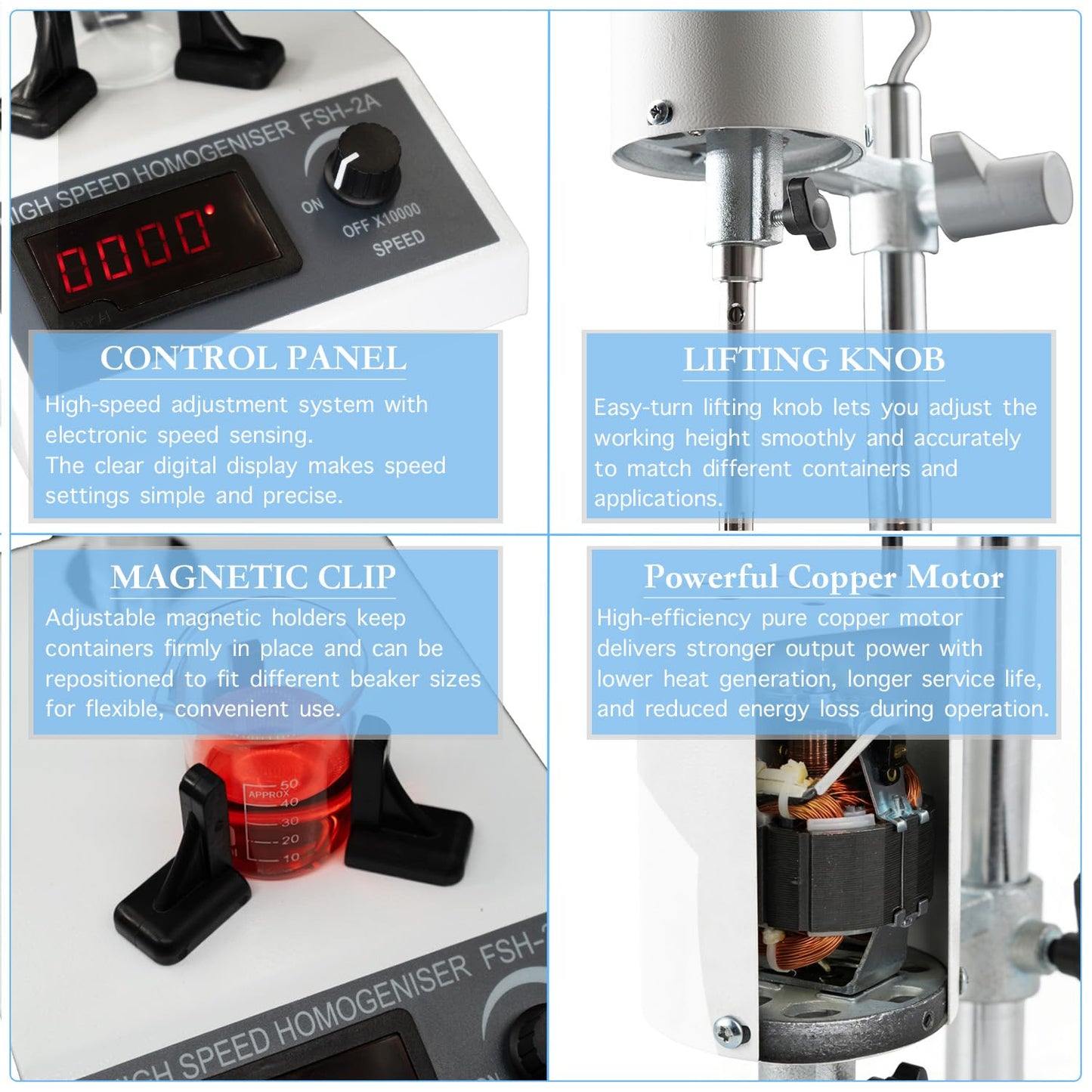 Protytan High Speed Homogenizer, Lab Mixer (2000-20000 RPM), Emulsification & Homogenizing Machine, 20-1200ml Capacity, Max Viscosity 5000mpas, Includes 2 Work Heads for Cosmetics & Food