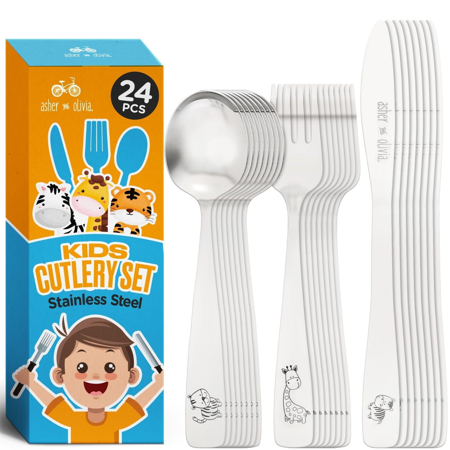 Kids and Toddler Utensils Silverware Set – 24-Piece Toddler Silverware Includes 8 Forks 8 Spoons and 8 Kid-Friendly Knives - kids Metal silverware Flatware Cutlery Set for Preschooler Baby Child