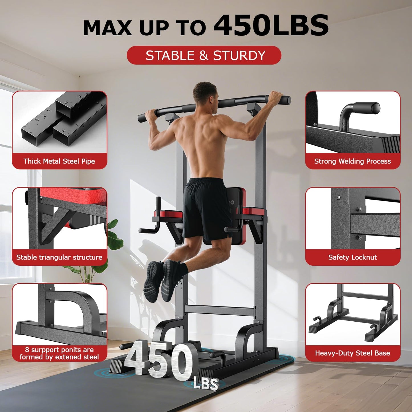 Power Tower Dip Station Pull Up Bar for Fitness Home Gym Workout,Multi-Function Adjustable Height Fitness Strength Training Exercise Equipment,with Power Elastic Ropes,Black Red-02