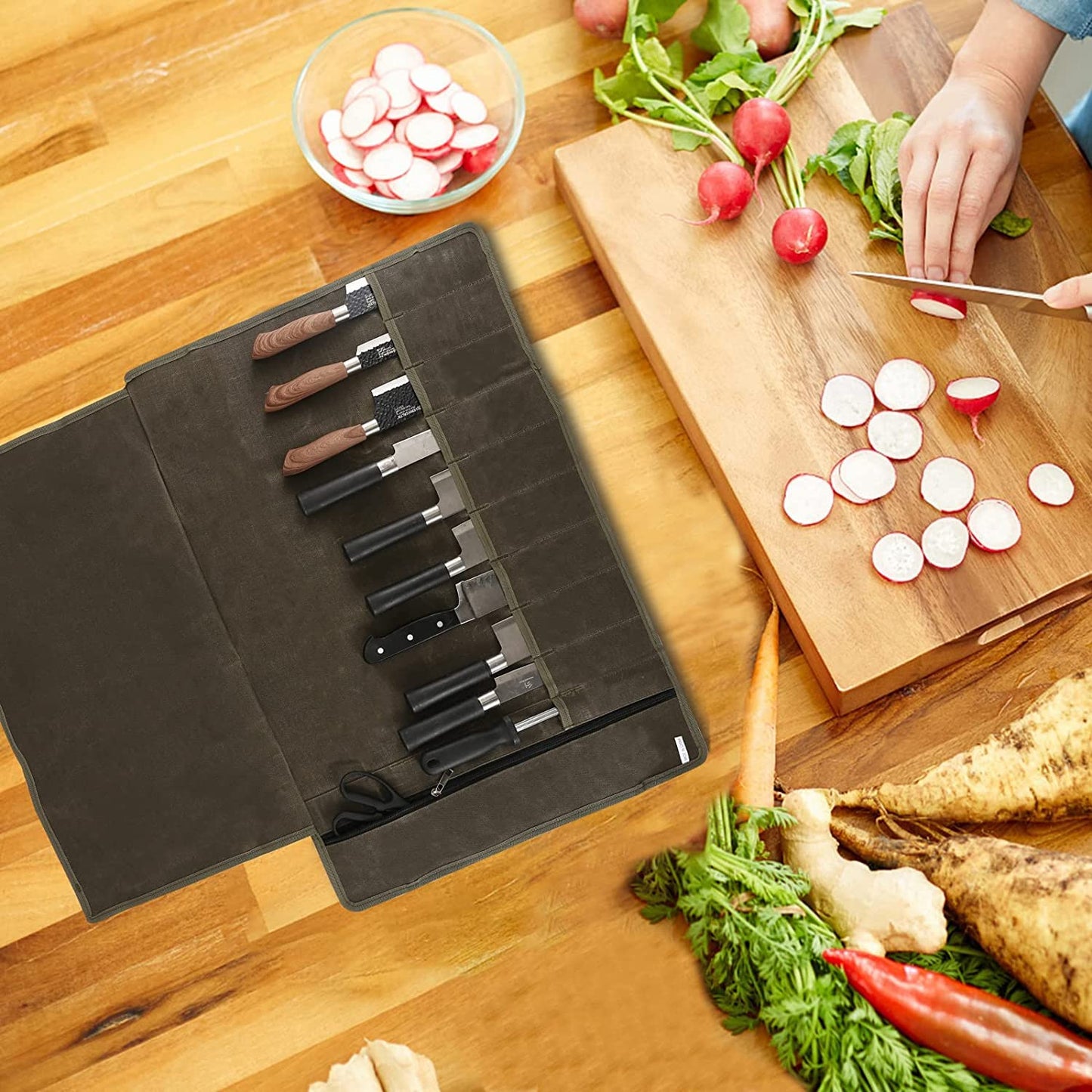Chef’s Knife Roll Bag,Waxed Canvas Knife Cultery Carrier,Portable Chef Knife Cases,Knife Pouch Holders With 10 Slots Plus 1 Zipper Pockets Can Hold Home Kitchen Knife Tools Up To 18.8”