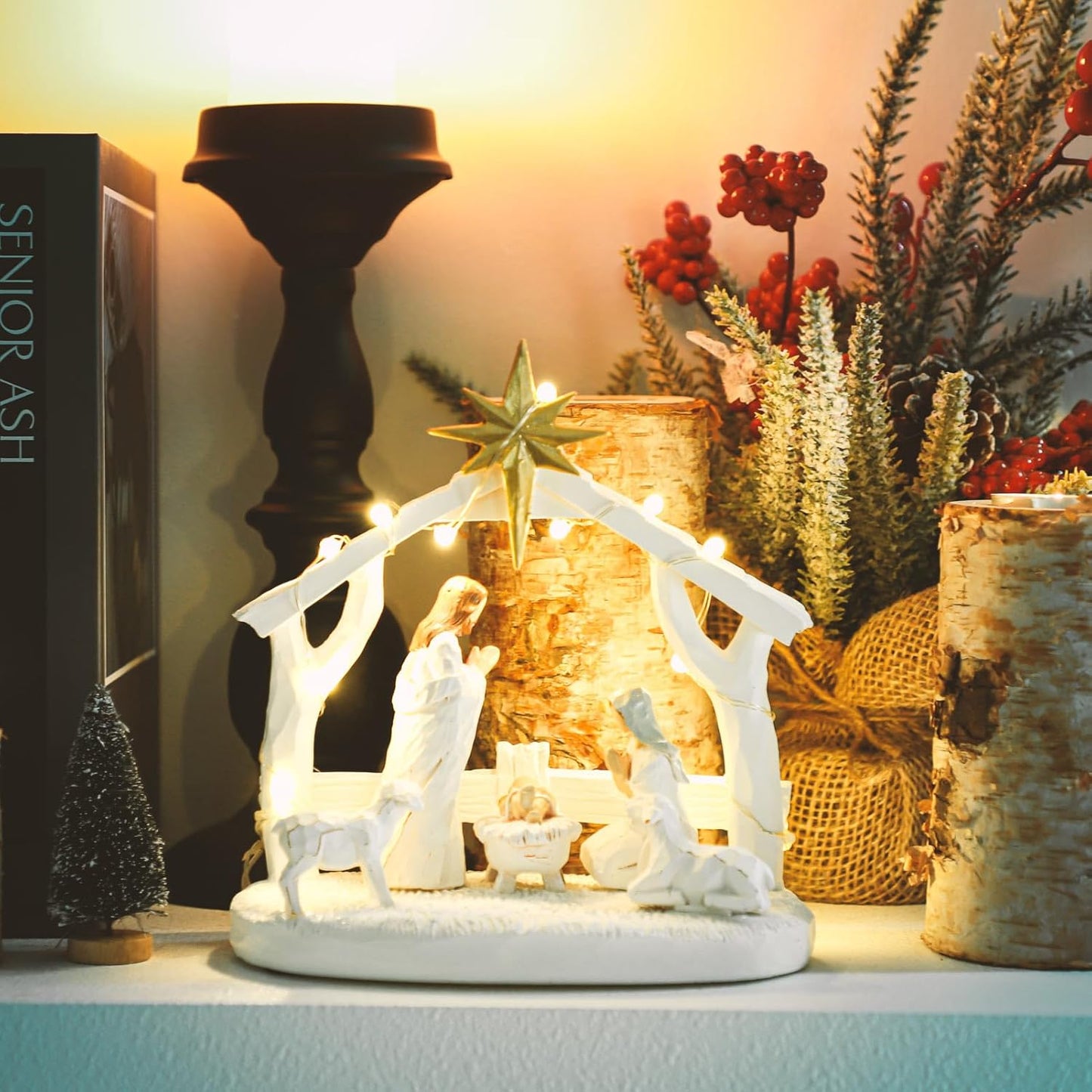 Regine Switzerland Nativity Scene - Hand-Painted Holy Family Figurine with Lights | Christmas Tabletop Decor