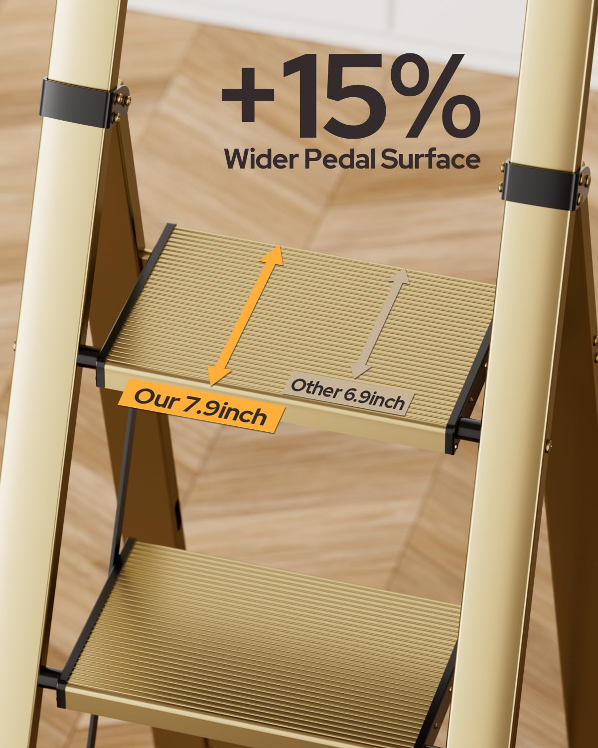 GameGem 5 Step Ladder for 10 Feet High Ceiling, Lightweight Aluminum Folding Step Stool with Convenient Handgrip, Stepladders with Anti-Slip and Wide Pedal for Home Use Space Saving - Gold