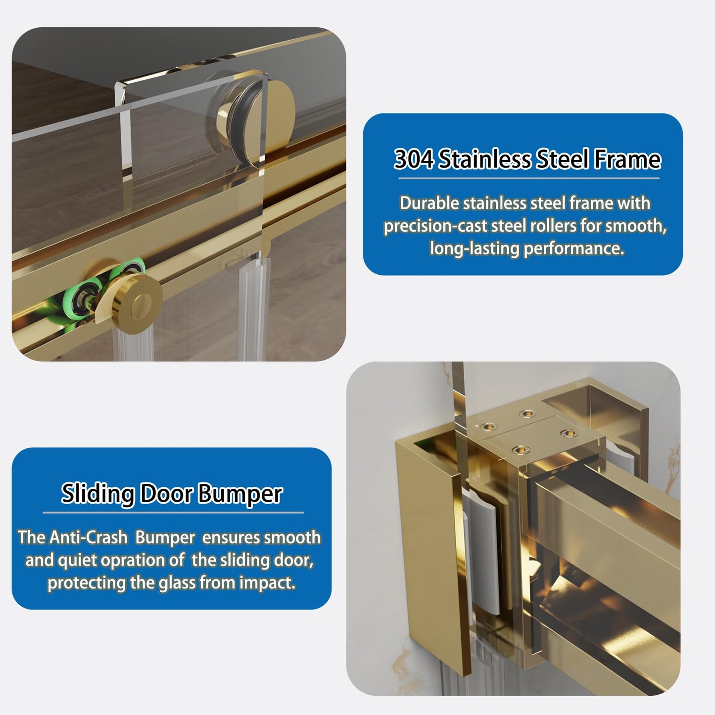JONIVRAT 56-60" W x 76" H Double Sliding Shower Door, 5/16" (8mm) Clear Tempered Glass, Nano Coated for Easy Cleaning, Pull Handles Towel Rack, Stainless Steel Hardware (Brushed Gold)