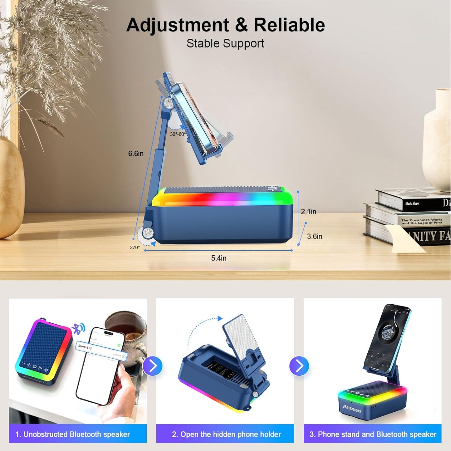 JTEMAN Gifts for Men Women Cell Phone Stand with Bluetooth Speaker and Light, Portable Lanyard, Cool Tech Gifts for Dad