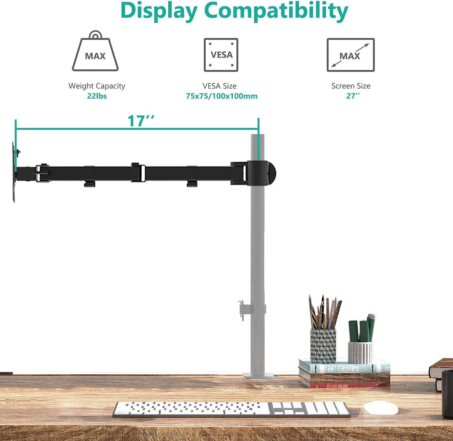 WALI (001ARM), Single Monitor Arm, Fully Adjustable Pole Mount Bracket for Monitor Mounting System Black