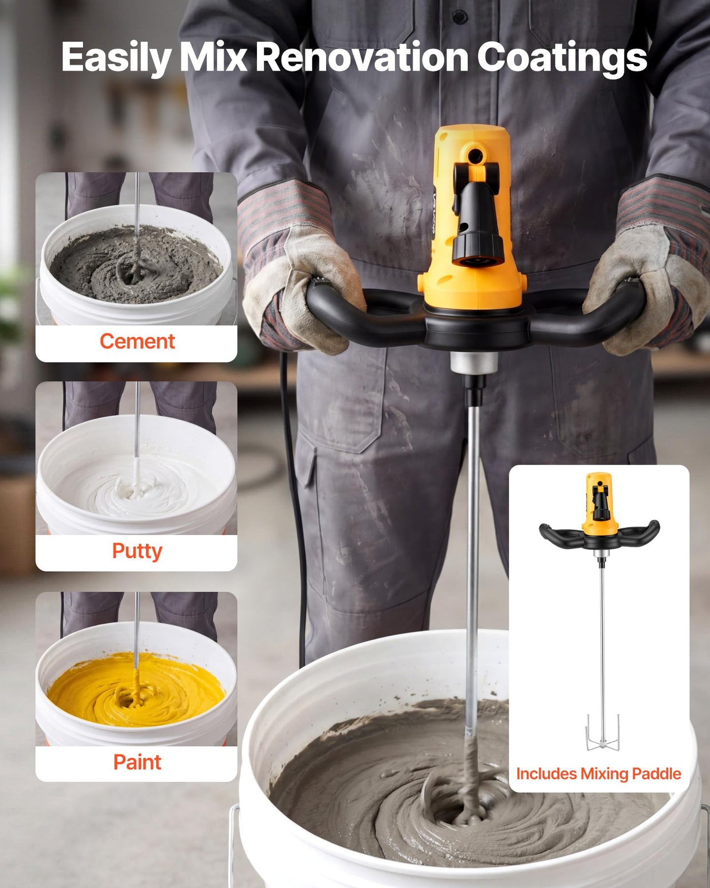 VEVOR Electric Power Trowel, 800W Concrete Finishing Machine Corded with Mixing Rod, 6-Speed Adjustable 120–200 RPM, Steel & Plastic Trowel Discs, Extension Handle, Floor Smoothing Cement Finisher