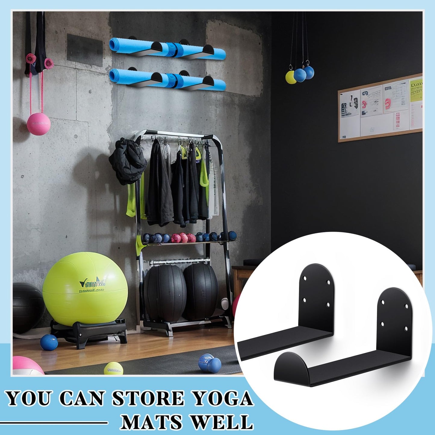Yaocom 4 Pcs Yoga Mat Storage Rack Wall Mount Holder Exercise Mat Hanger Foam Roller Wall Hooks Gym Organizer for Hanging Fitness Bands Yoga Strap Home Gym