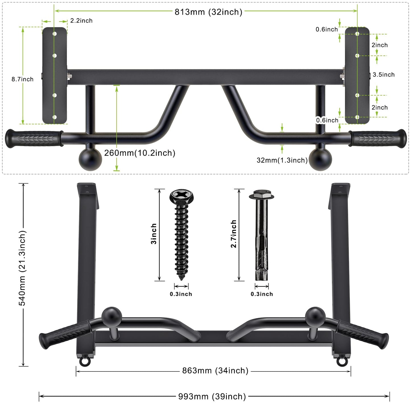 Kipika 32" Ceiling Mounted Pull Up Bar - Heavy Duty, Highly Adjustable, Multifunctional Chin Up Bar - Home Gym System with Punching Bag Hanger and Resistance Bands Training (Ceiling Mounted Pull Up Bar with Ball)