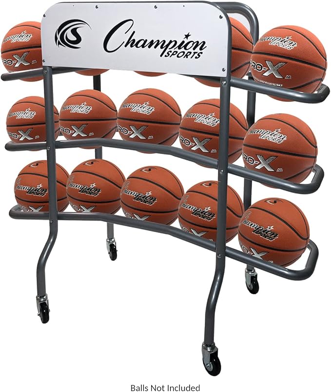 Champion Sports Deluxe Heavy Duty Basketball Storage Cart with Locking Swivel Caster Wheels (Black)