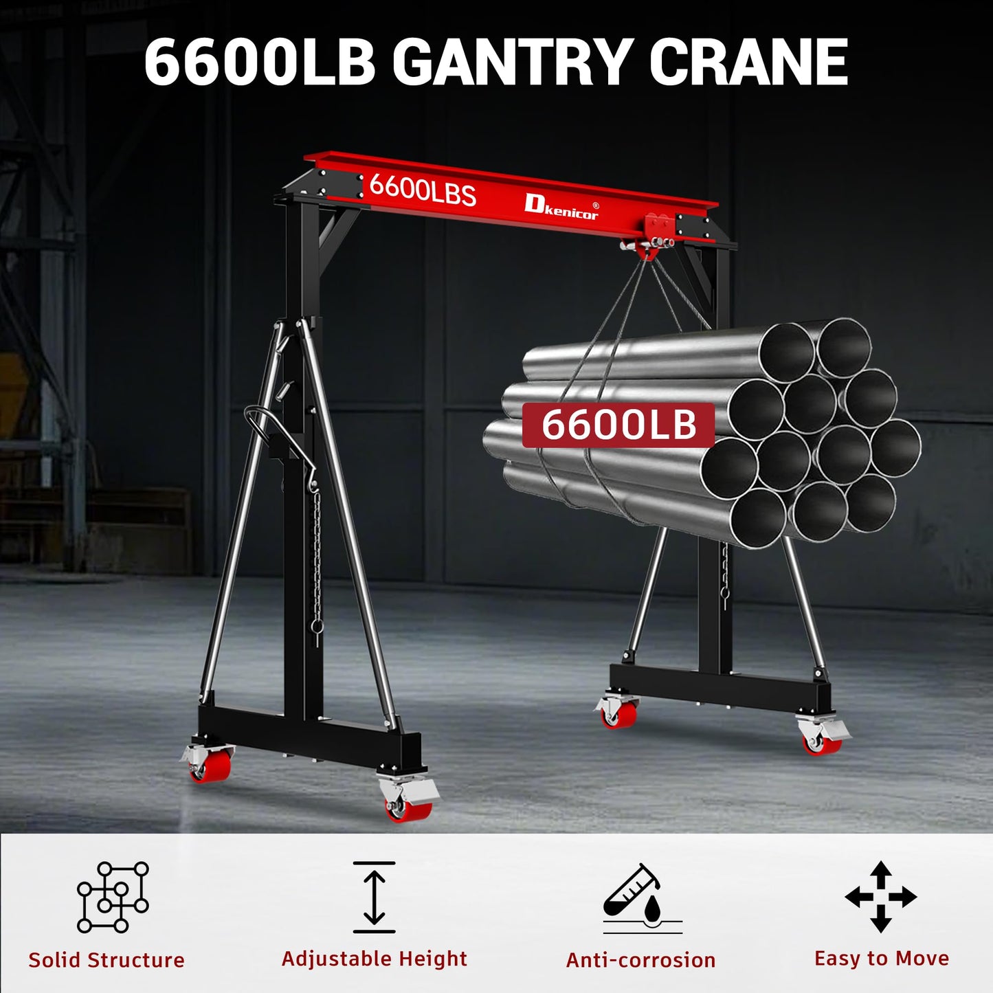 Dkenicor 3 Ton 6600Lb Gantry Crane, 9.06FT Maximum Width, 8.53-12.47ft Adjustable Height, Portable Shop Lift Hoist with 3 Ton Manual Trolley, Red