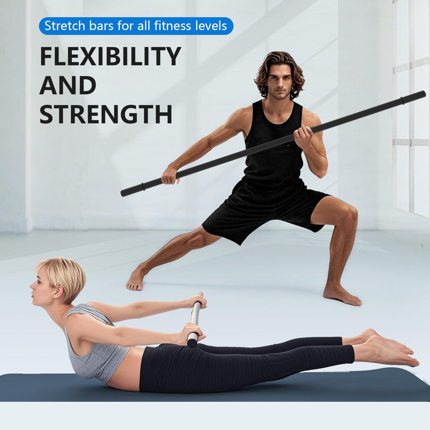 Wasoyun Yoga Stick 5ft, Adjustable Stretching Stick with 4 Steel Rods, Non-Slip Handle and Exercise Guide for Stretching and Exercise Physical Therapy, Pilates, Multi-Functional Fitness Stick.