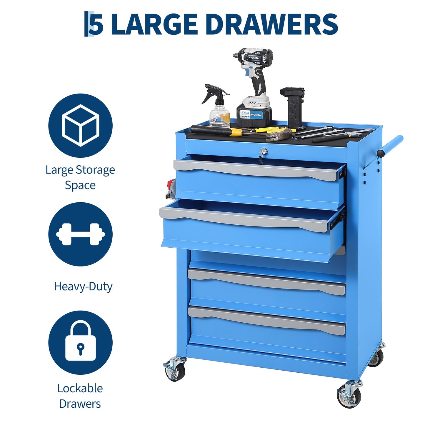 SierraSquad 5-Drawer Rolling Tool Chest with Lock, Tool Cabinet on Wheels, Includes Drawer Liners, Latch System & Link Buckle,Can Be Combined to Large Cabinet Set for Garage Workshop Storage,Blue