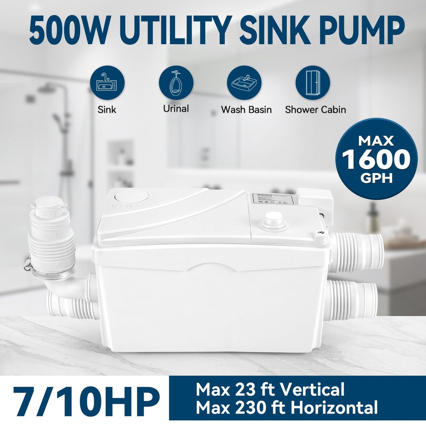 500W Utility Sink Pump with PCB Function Upgrade Structure Upflush to 23FT 1600GPH Under Sink Pump with 3 Water Inlets 1 Outlet Macerating Toilet System for Sink Shower Urinal Kitchen Basement