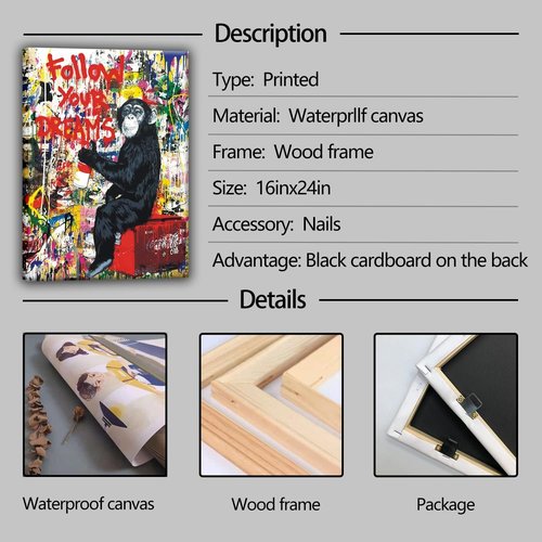 Banksy Canvas Art - Inspirational Graffiti Monkey Wall Decor | Framed 24"x16" for Living Room & Office