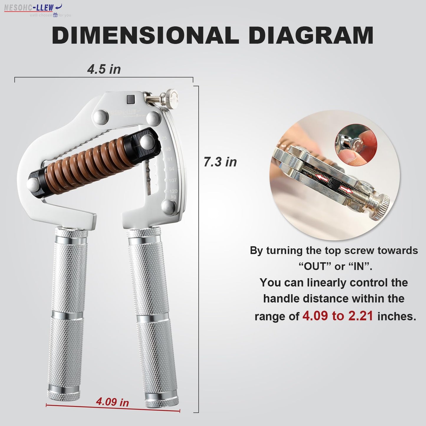 NESOHC-LLEW Adjustable Grip Strength Trainer: Premium 304 Stainless Steel Structure, Aerospace Grade Aluminum Alloy Handle, Grip Strength Adjustable Range 55-264 lbs