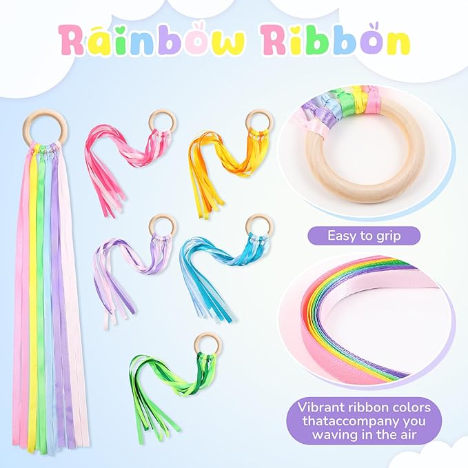 Deekin 12 Pcs Rainbow Ribbon Wooden Waldorf Toys Creative Waldorf Hand Kite Set Streamers with Wood Ring Sensory Learning Educational Toy for Playroom Dancing Birthday(Cute Color)