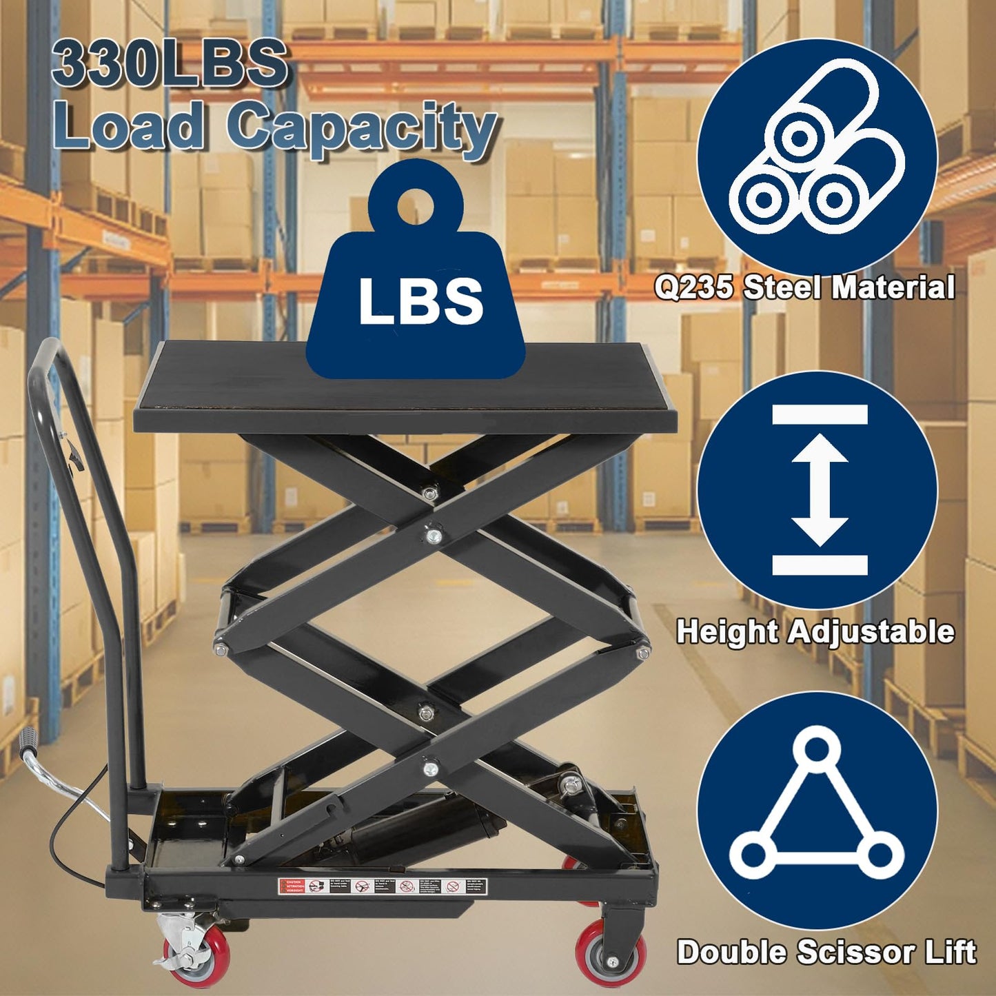 Hydraulic Lift Table Cart, Double Scissor Manual Lift Cart, 12-50.5 in Lifting Range, 330 LBS Capacity, Industrial Lifting Table with Wheels for Warehouse Shop,Black