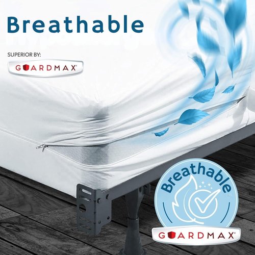 Guardmax Heavy Duty Vinyl Box Spring Cover - Queen Size Waterproof Breathable Zippered Box Spring Encasement - 6 Side Absorbent Boxspring Protects Against Dust Mites, Dirt, Spills, and Stains.