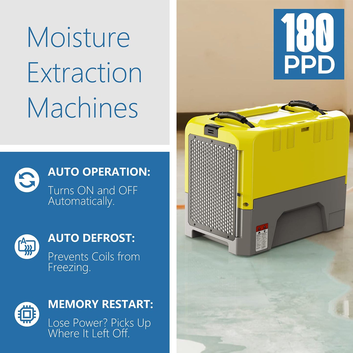 ALORAIR 180 PPD Commercial Dehumidifier with Pump Drain Hose, LGR Dehumidifiers for Basement Warehouse & Job Sites, Crawl Space Dehumidifier for Water Damage Restore, 6-Year-Limited Warranty, Yellow