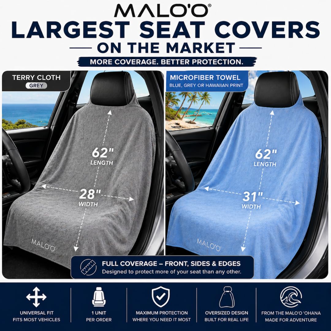 Malo’o SeatGuard Seat Cover – Microfiber Towel or Premium Terry Cloth w/Nylon Backing – Universal Car Seat Protector for Beach, Gym, Surf, Pets & Travel – Quick Dry, Machine Washable