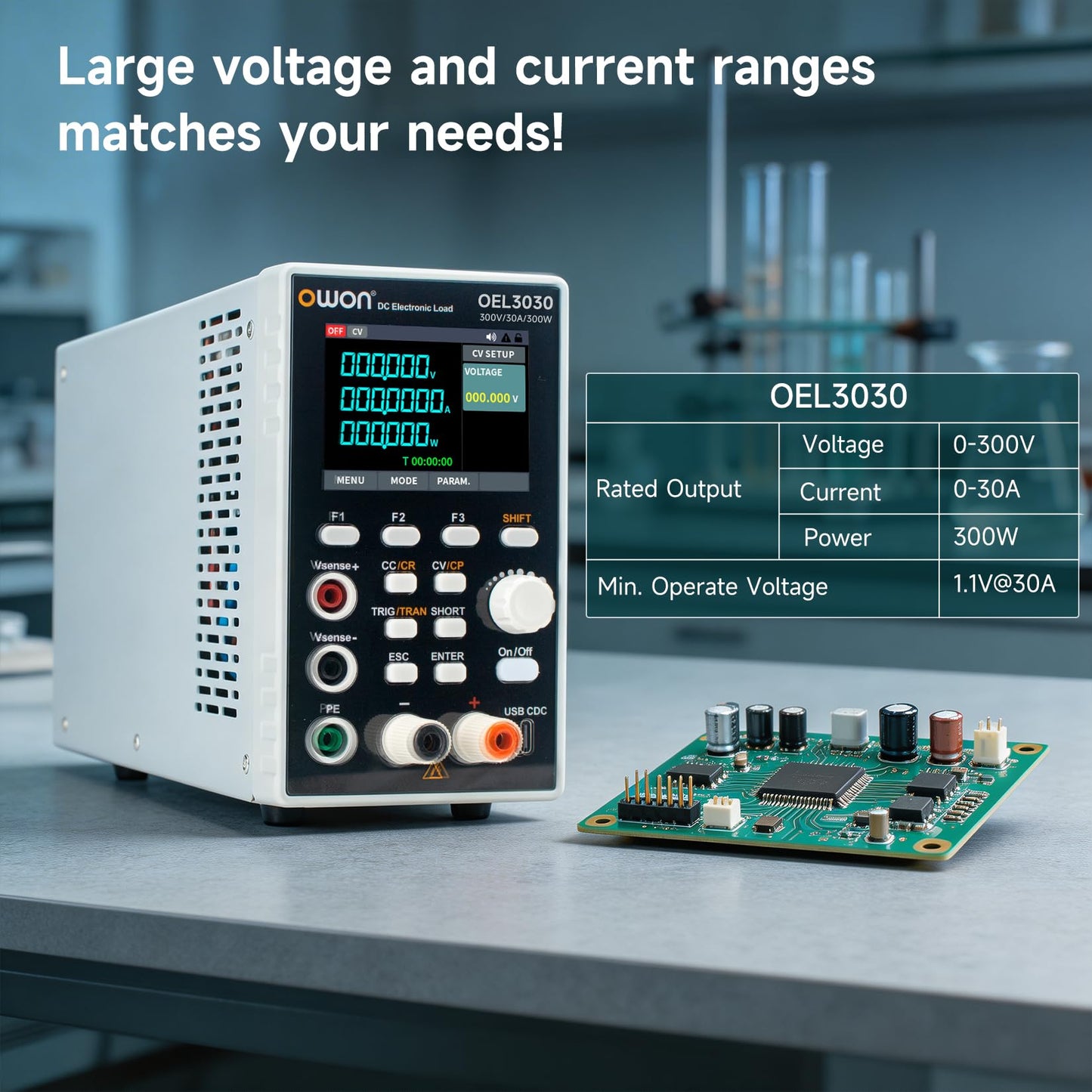 OWON Programmable DC Electronic Load OEL3030, DC 300V 30A Maximum 300W, USB/RS232, CV CC CR CP 4 Operation Modes, 5kHz Dynamic, Lab Bench Power Tester with 2.8” TFT Color LCD Display