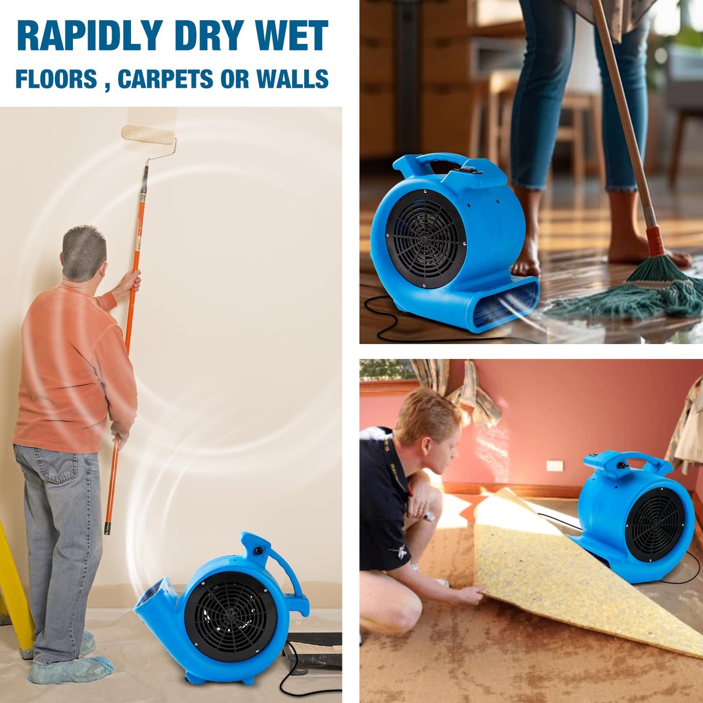 Mounto 1/2hp Air Mover Floor Drying Blower Fan - Powerful 1/2HP Motor Carpet Dryer, 2200 CFM Air Flow, Lightweight Design, 2-Speed Settings for Drying, Cooling & Circulation