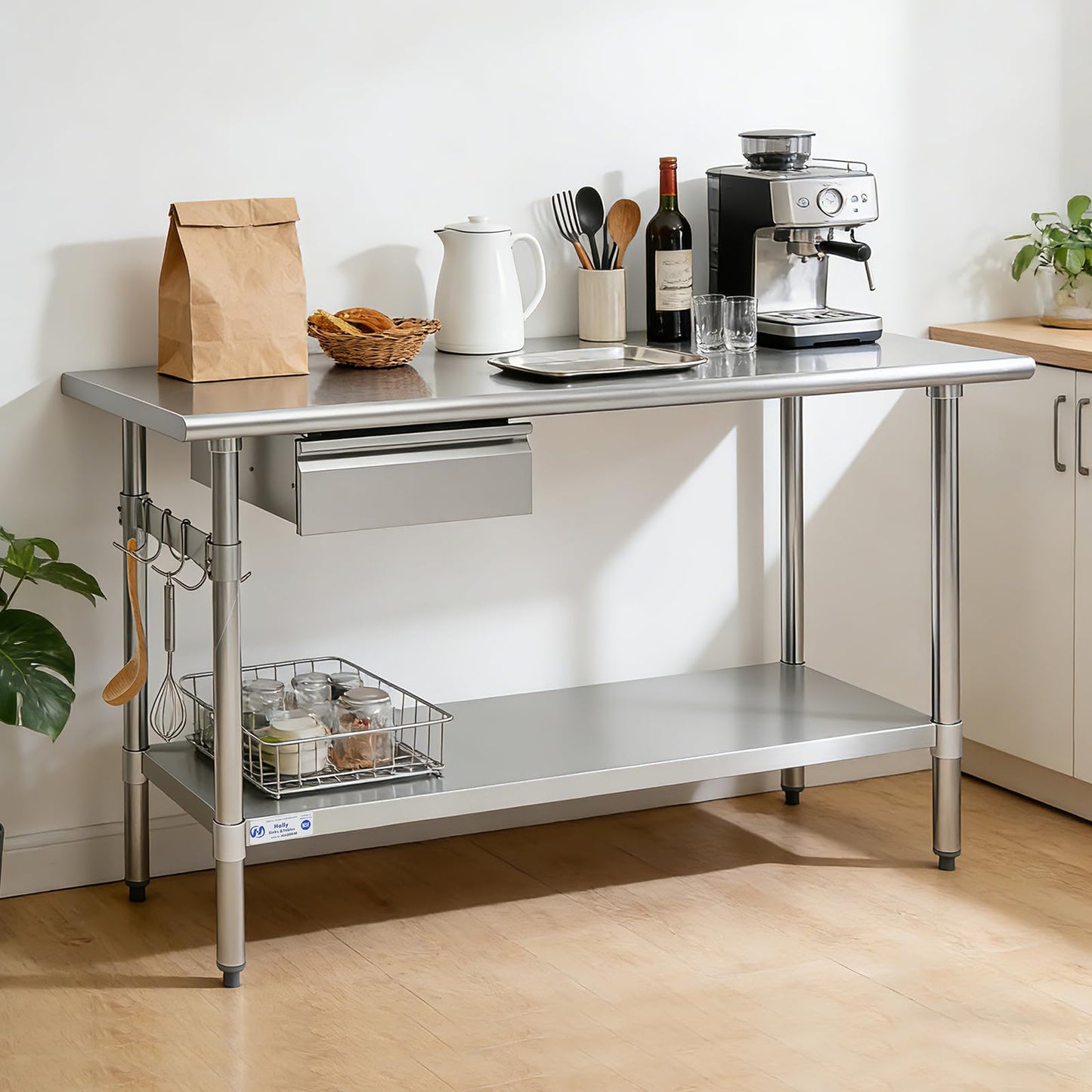 Hally 24 x 60 Inch Stainless Steel Prep Table, NSF Certified Commercial Kitchen Work Table with Drawer, Removable Stainless Steel Pan, Undershelf and Removable Hook for Restaurant Home Garage