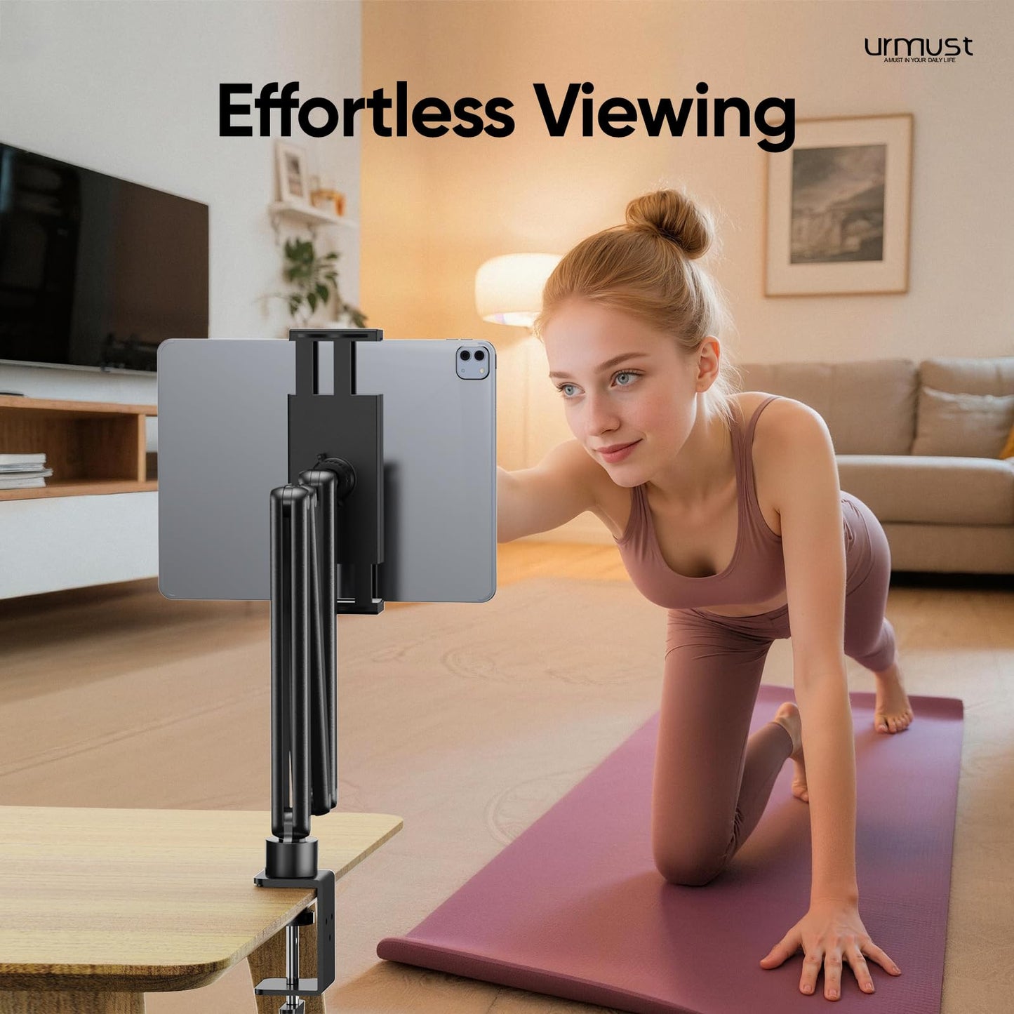 Urmust Tablet Stand for Desk, Adjustable iPad Holder for Bed, 360° Rotation, Sturdy Aluminum Tablet Arm Mount for 4.7"-15.6" iPad Pro/Air/Mini, iPhone, Galaxy Tab, for Kitchen, Work, Video Call