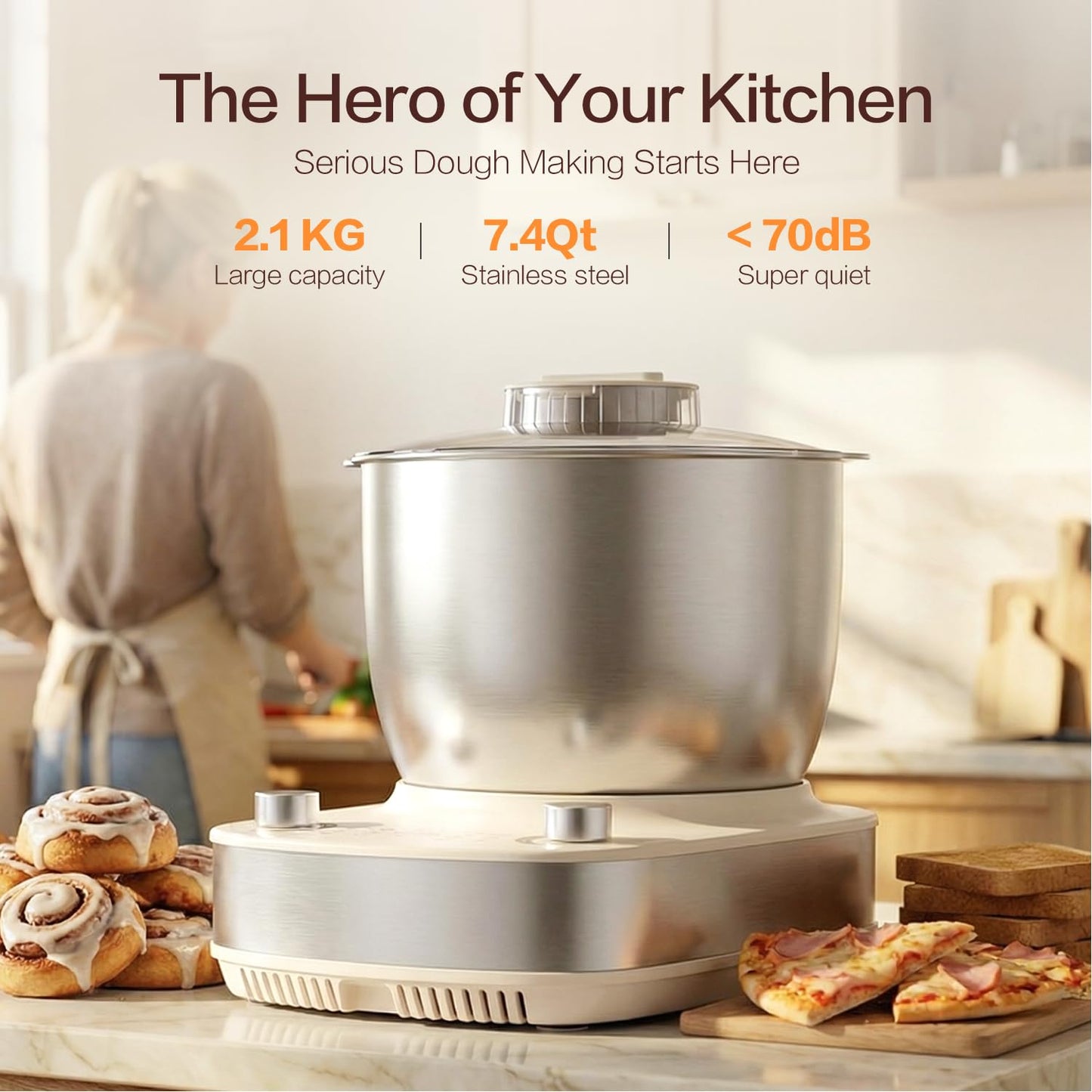 7.4QT Electric Dough Mixer with Timer & Fermentation, Dough Kneader Machine for Bread, Pizza, Pasta & Sourdough, Large Capacity Up to 2.1kg Dough, Hands-Free Kneading Machine for Home Baking
