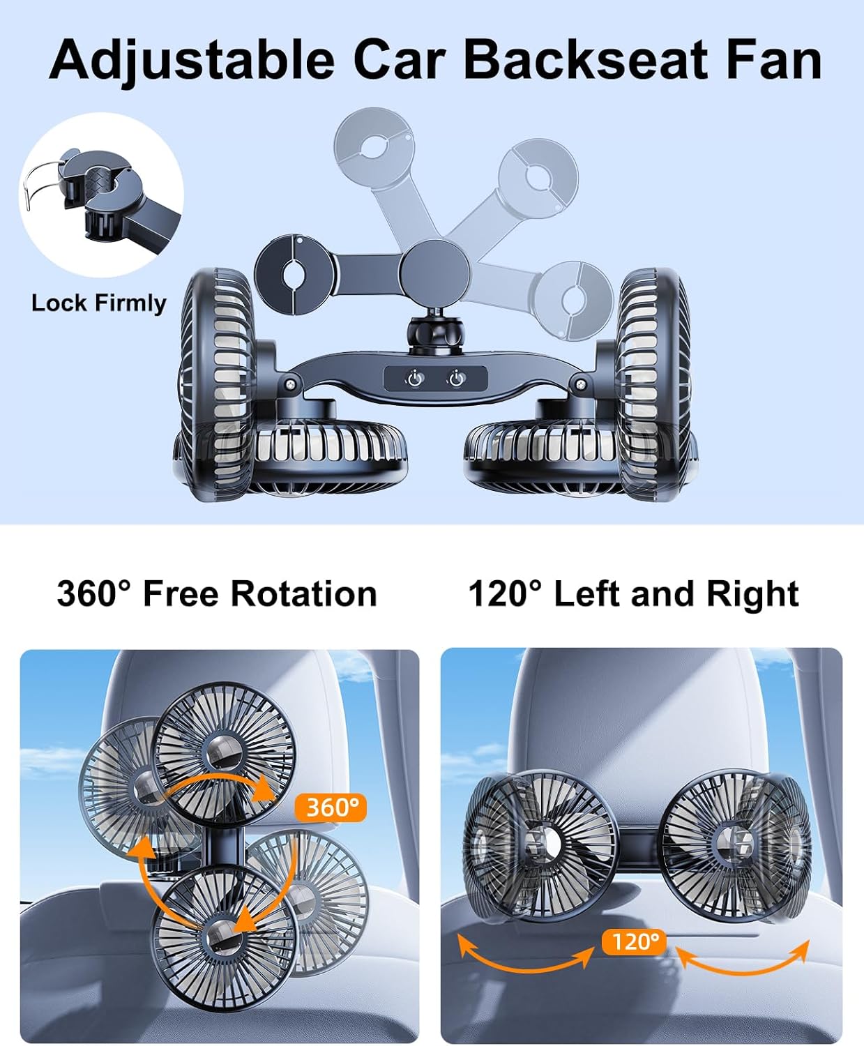 360 3 Car Fan for Back Seat [Comes with Car Charger] Degree Rotatable USB Car Seat Fan for Baby Rear Facing - Speeds