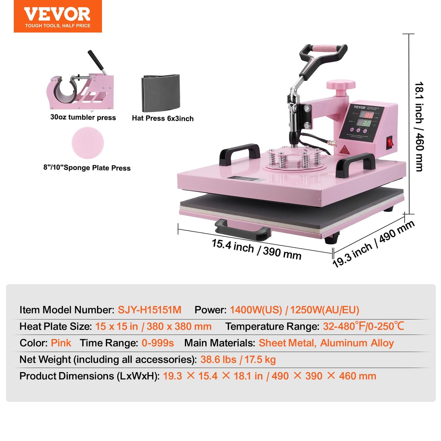 VEVOR Heat Press Machine 15x15 inch, Heat Press Machine for T-Shirts, 5 in 1 Heat Press with 30 OZ Tumbler Press, Combo Tumbler Heat Press Machine Sublimation for Hat Cap Mug Plate, Pink
