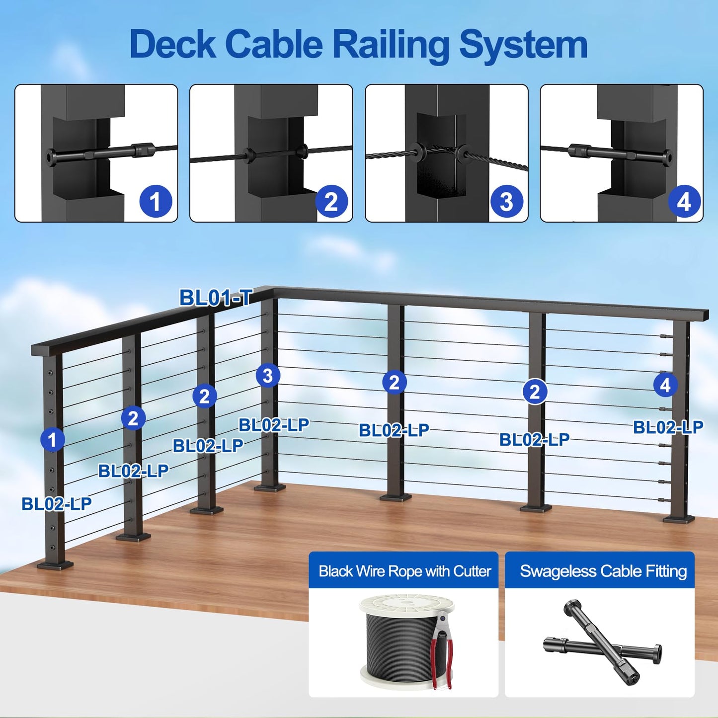 BLIKA 12FT-20FT Complete Set 42" Cable Railing Post Kit, Black Level Drilled Cable Railing Post, Swageless Cable Railing System Include 4Pack Level Posts, 1/8" 300FT Stainless Steel Cable(No Handrail)