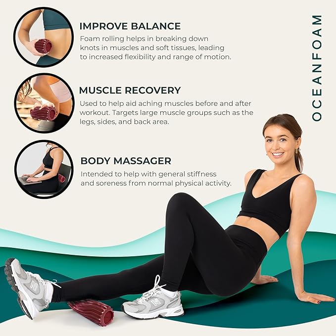 Oceanfoam Ripple Travel Foam Roller (11" x 3.35") Firm Mini Foam Roller for Physical Therapy, Deep Tissue Massage, Back Pain - High Density, Wave Textured - Yoga (Maroon, Blush & Hot Pink Marbled)