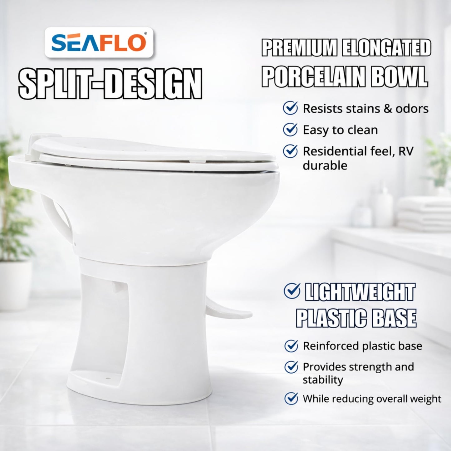SEAFLO Porcelain RV Toilet with Elongated Bowl, 19” Residential Height, Gravity Flush, Foot Pedal Flush, Soft Close Seat, Easy Install, Camper Toilet, 4-Year Warranty, SFRTCH-02-01