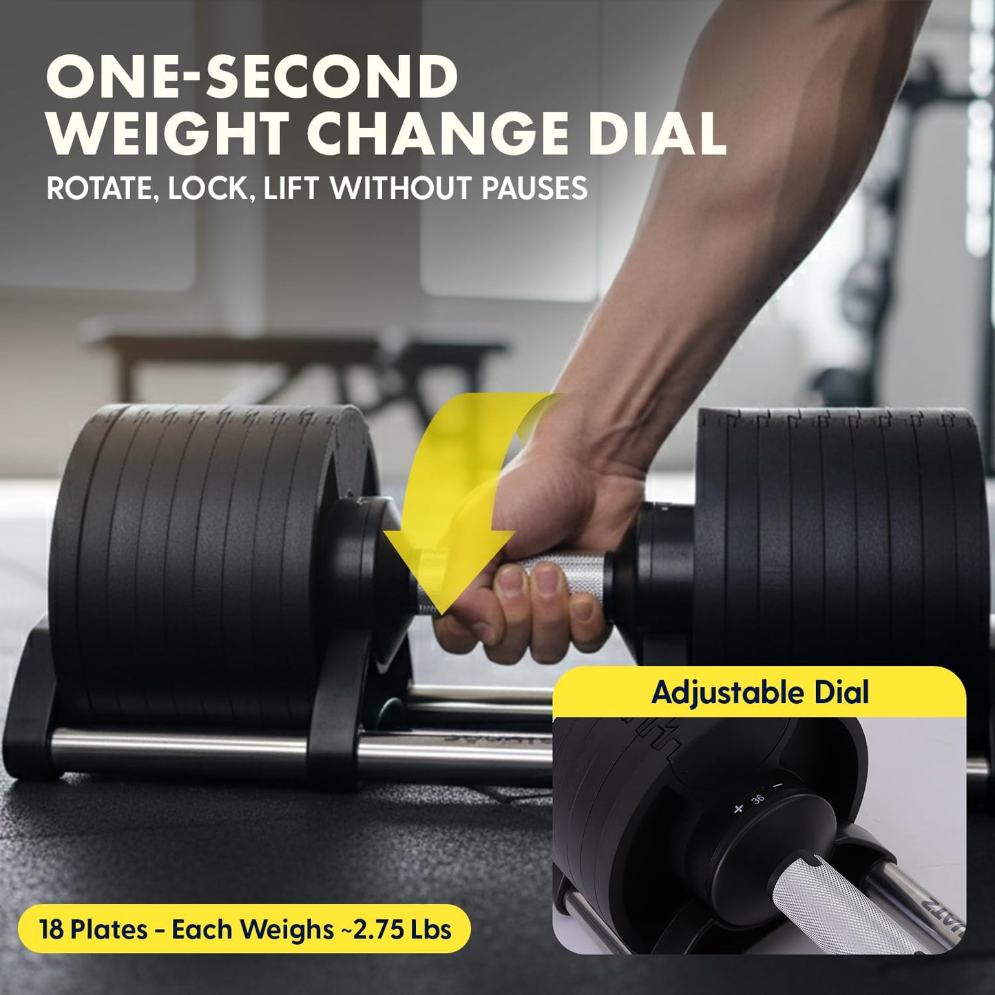 SQUATZ 70lb Adjustable Dumbbell 9 in 1 Weight Options, Fitness Equipment with Anti-Slip Metal Handle, Quick Change Weight Adjustment with Twist Lock Technology, for Full Body Workout and Weightlifting