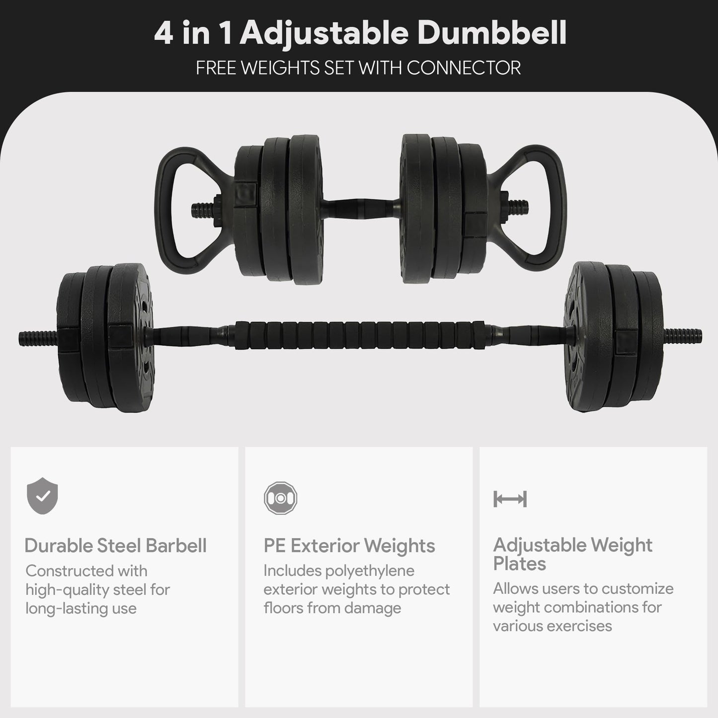 Fitvids Adjustable Dumbbell Set, 60lbs Free Weights Set with Connector, 4 in 1 Changeable Dumbbells and Barbell for Exercise and Fitness, Black/Black