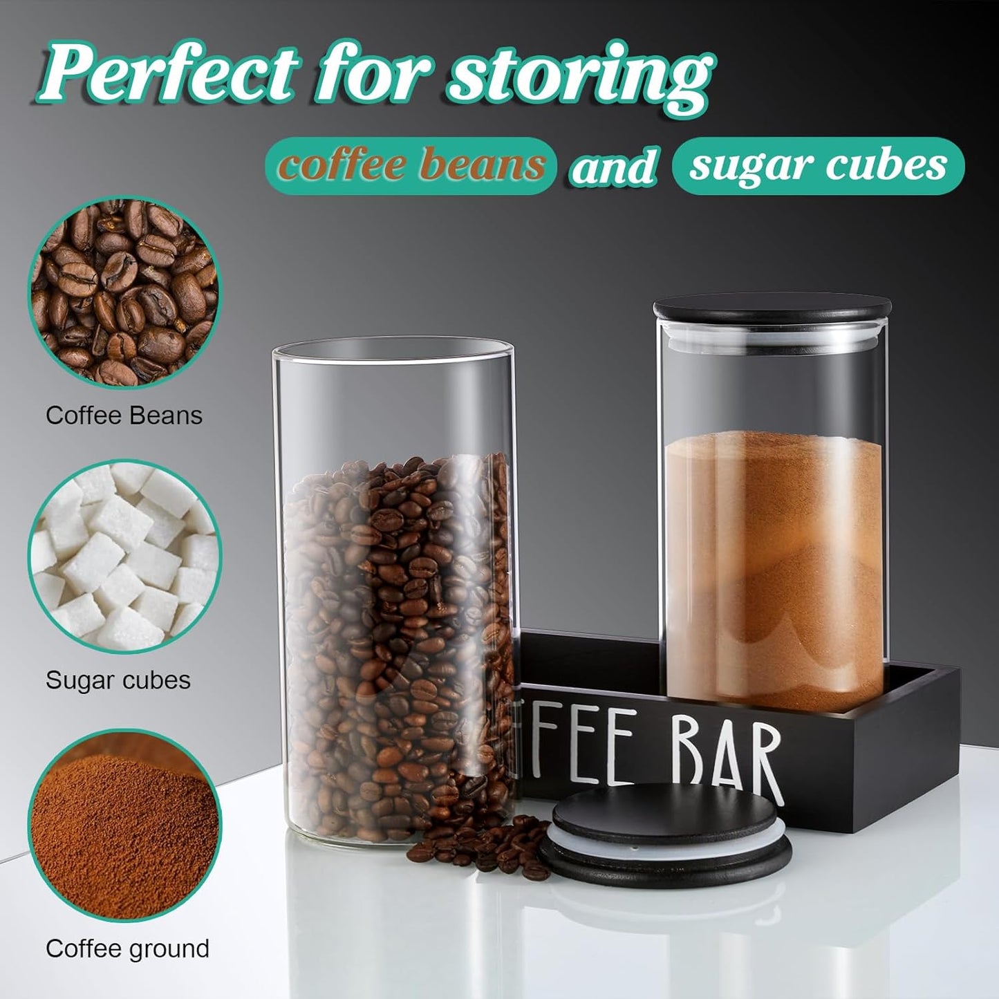 Skiennix Glass Coffee Canister Set - 2Pcs 45oz Airtight Containers with Bamboo Lids & Black Tray | Stylish Coffee Storage Jars for Home Decor