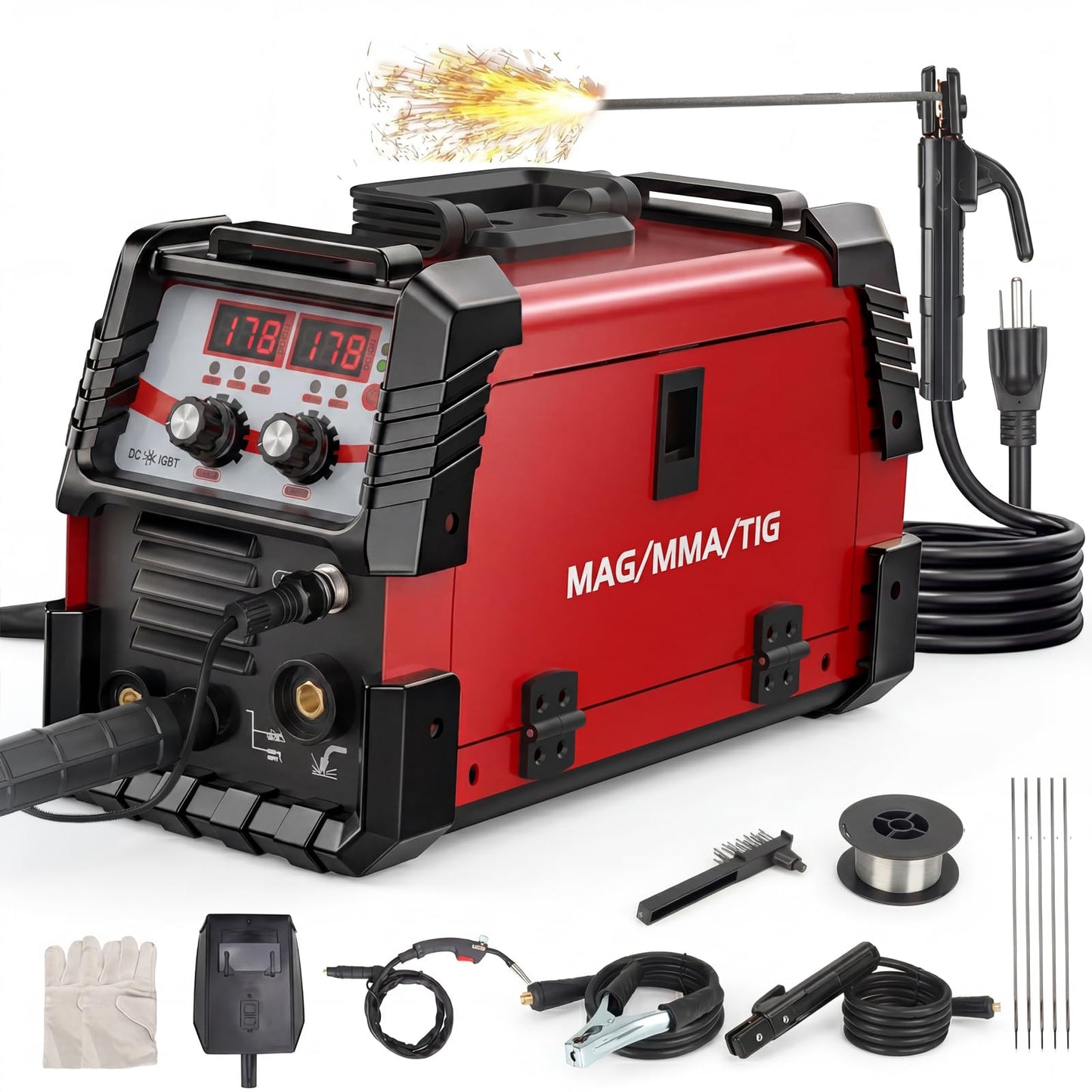 135A MIG Welder, 3-in-1 Weldeing Machine 110V Flux Core MIG/Lift Tig/Stick with Dual Digital Display, Portable IGBT Inverter Welder for Auto Repair, Metal Projects