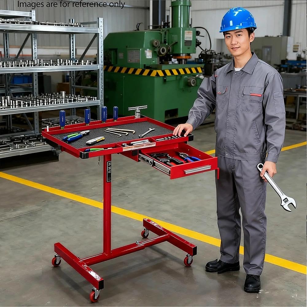 Mobile Tool Cart and Workbench, Adjustable Work Table with Wheels, Mechanic Rolling Heavy Duty Tool Tray Table for Garage Repair Shops