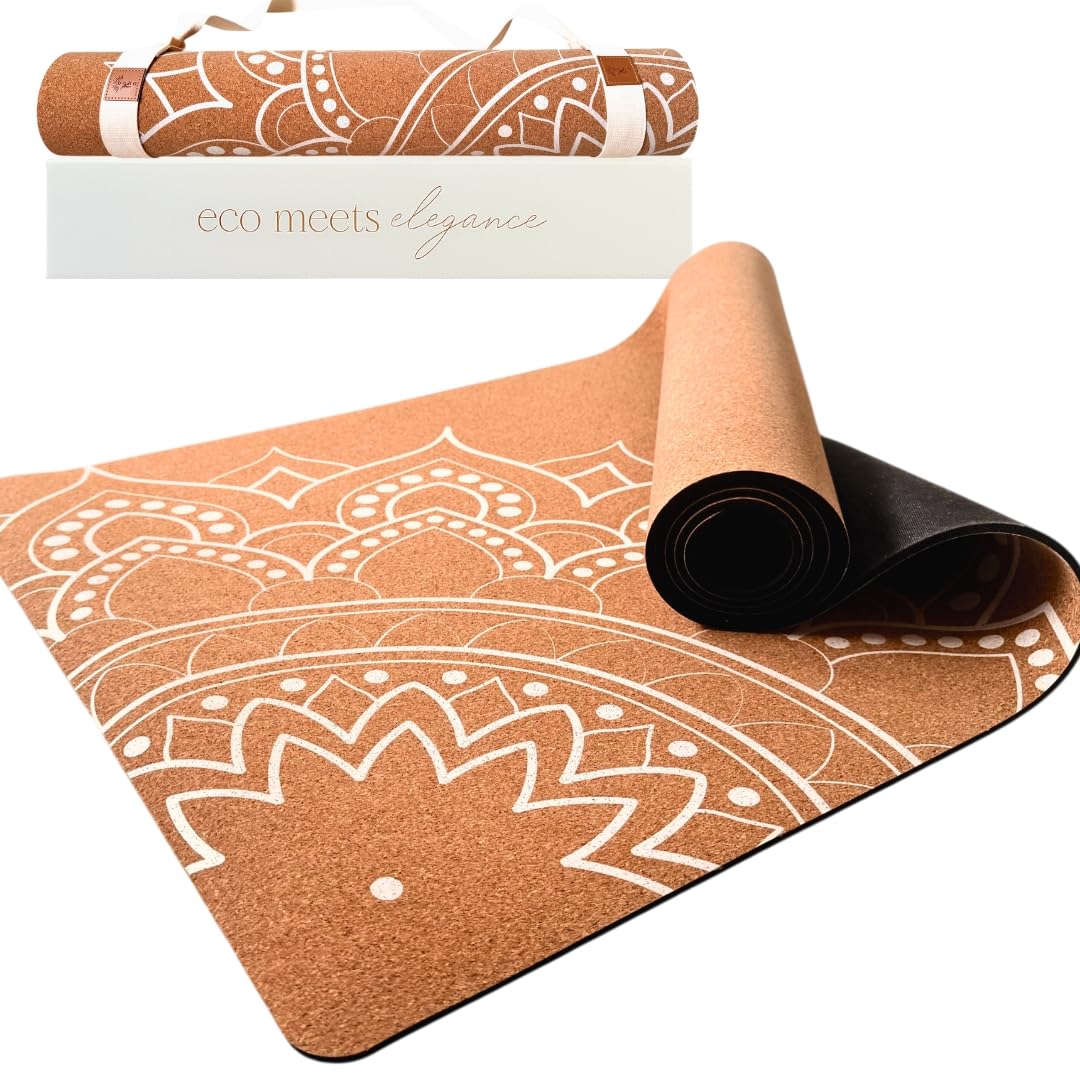 Boho Flow Aesthetic Cork Yoga Mat 72” x 26” – Elegant Signature Mandala Design on Quality Portuguese Cork with 5mm Solid Tree Rubber Base for Lasting Stability – Non Slip Grip, Odor Free and Non Toxic – Includes Carry Strap