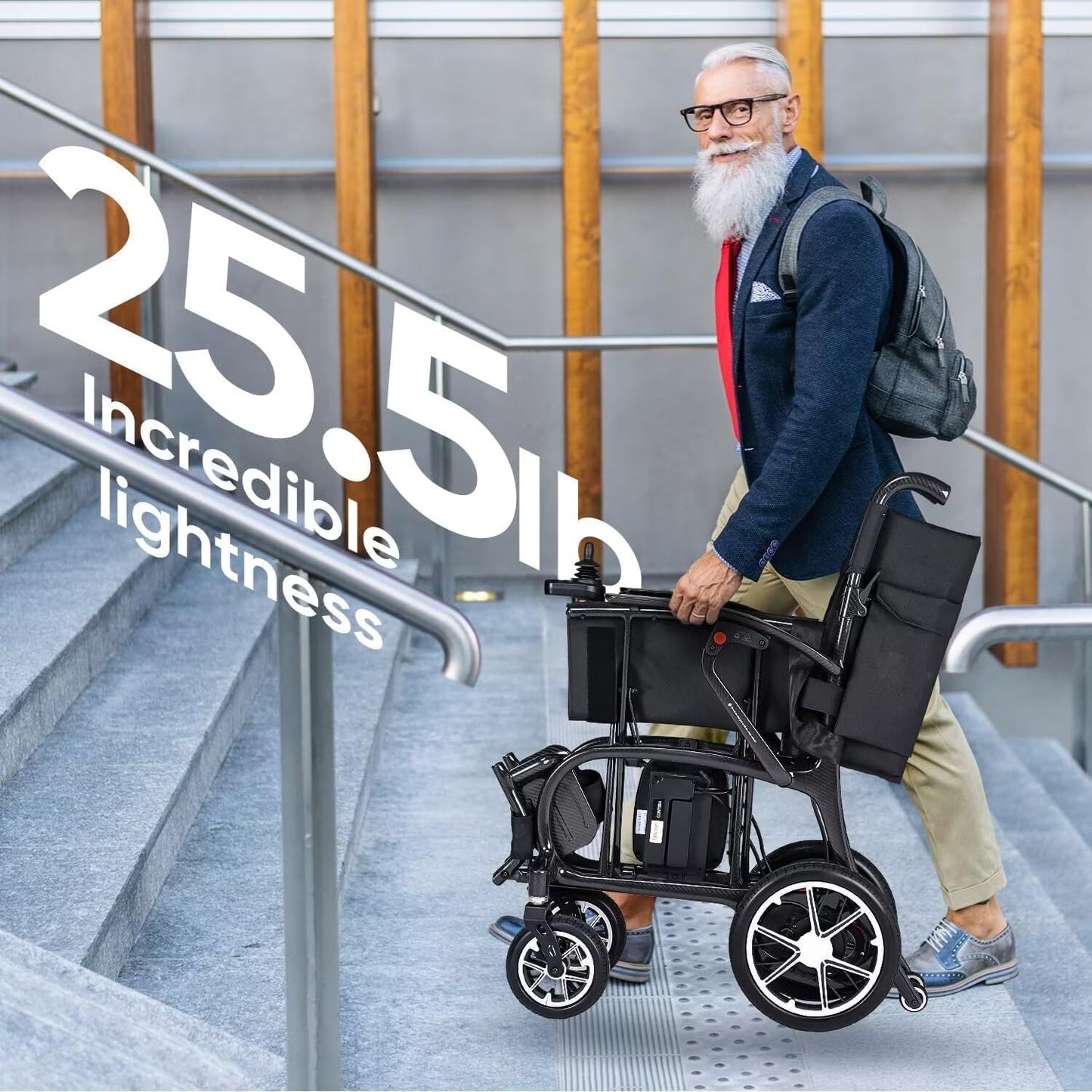 25.5lbs Carbon Fiber Electric Wheelchair for Adults, Lightweight Foldable Power Wheelchair with Dual Batteries, Portable Motorized Travel Wheelchairs, Airline Approved, Black
