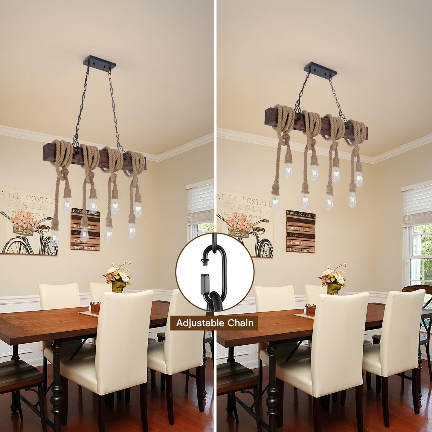 KEESFU Farmhouse Light Fixtures Rustic Chandelier，8-Light Kitchen Island Light Height Adjustable，Hemp Rope Pendant Light for Kitchen Dining Room Bar.
