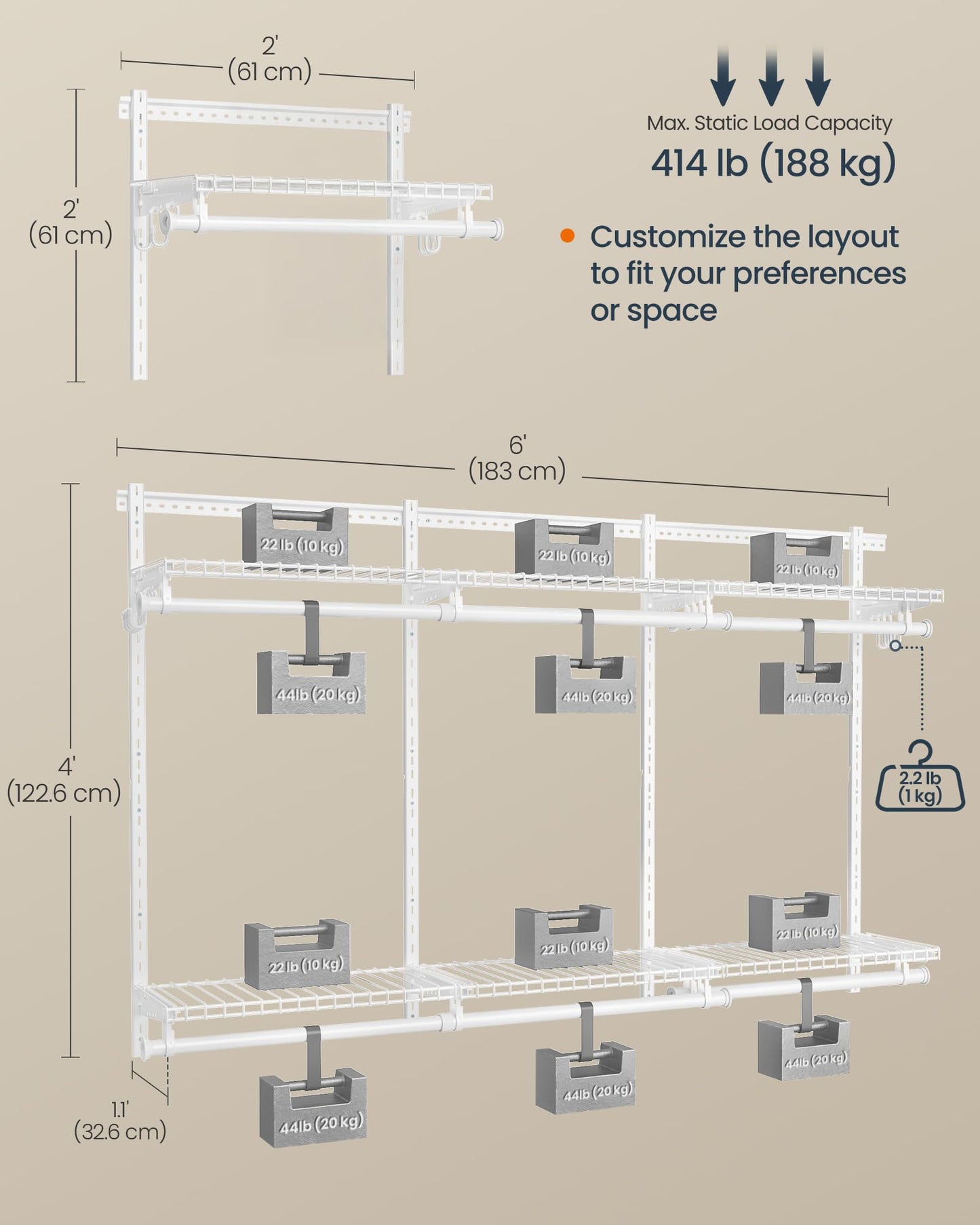 SONGMICS HOME Closet System, Closet Insert Organizer, 4-6 ft, Adjustable Metal Shelving Unit with 6 Hanging Rods, 6 Shelves, and Hooks, for Pantry Mudroom Garage Basement, Cloud White URGR032W01